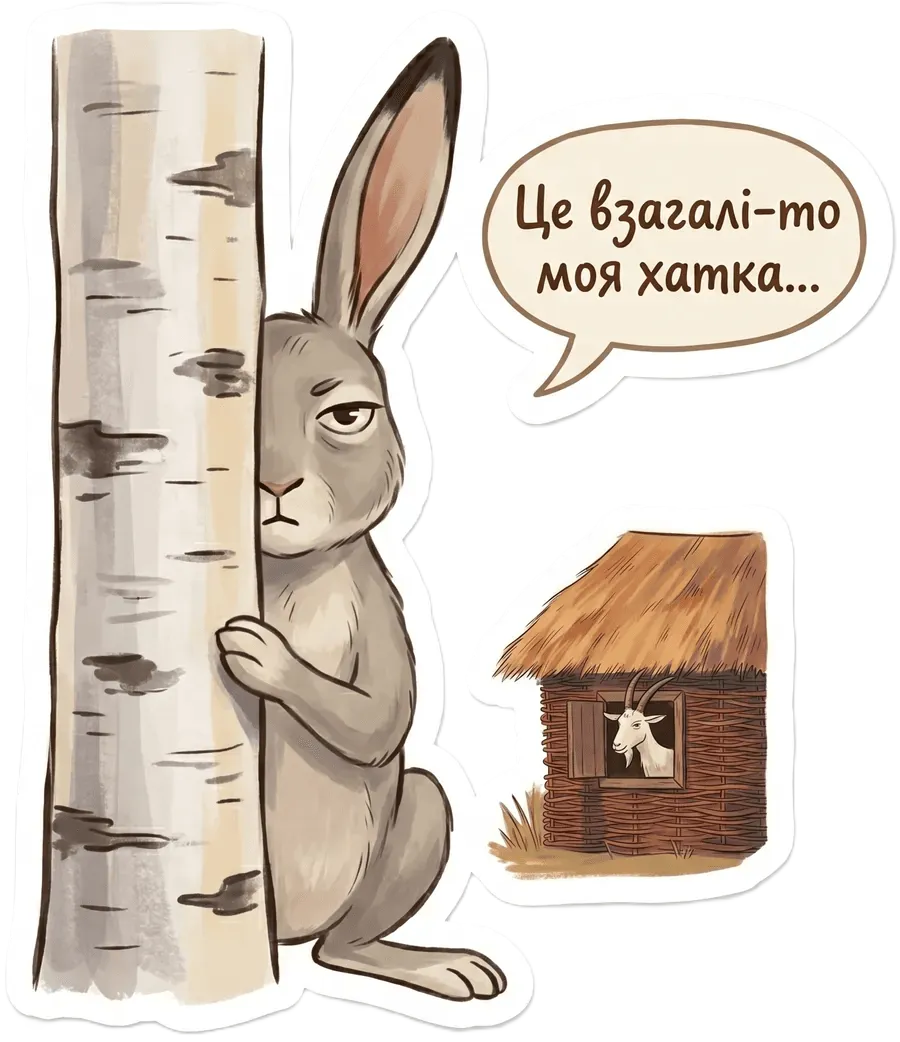 Зайчик визирає з-за берези: «Це взагалі-то моя хатка...»